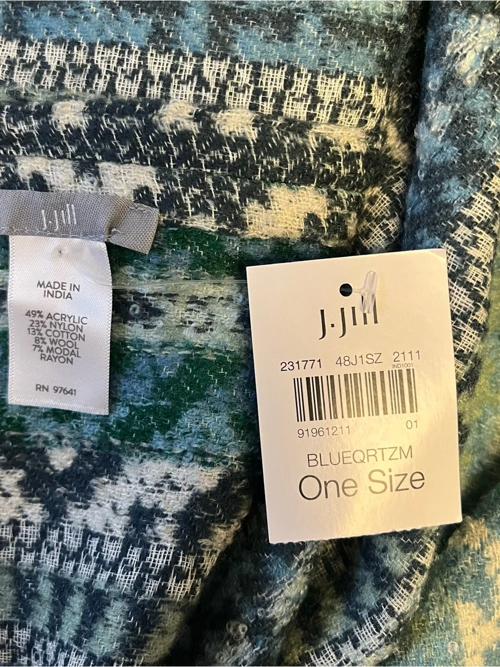J. Jill Infinity Scarf Fair Isle Knit Fringe Blue Teal Green Fairy New With Tags